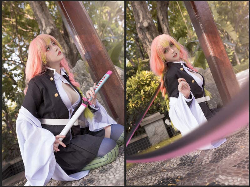 鬼灭之刃cos恋柱《甘露寺蜜璃》别看这样露胸的暴露造型，其实偶一害羞就会脸红呢