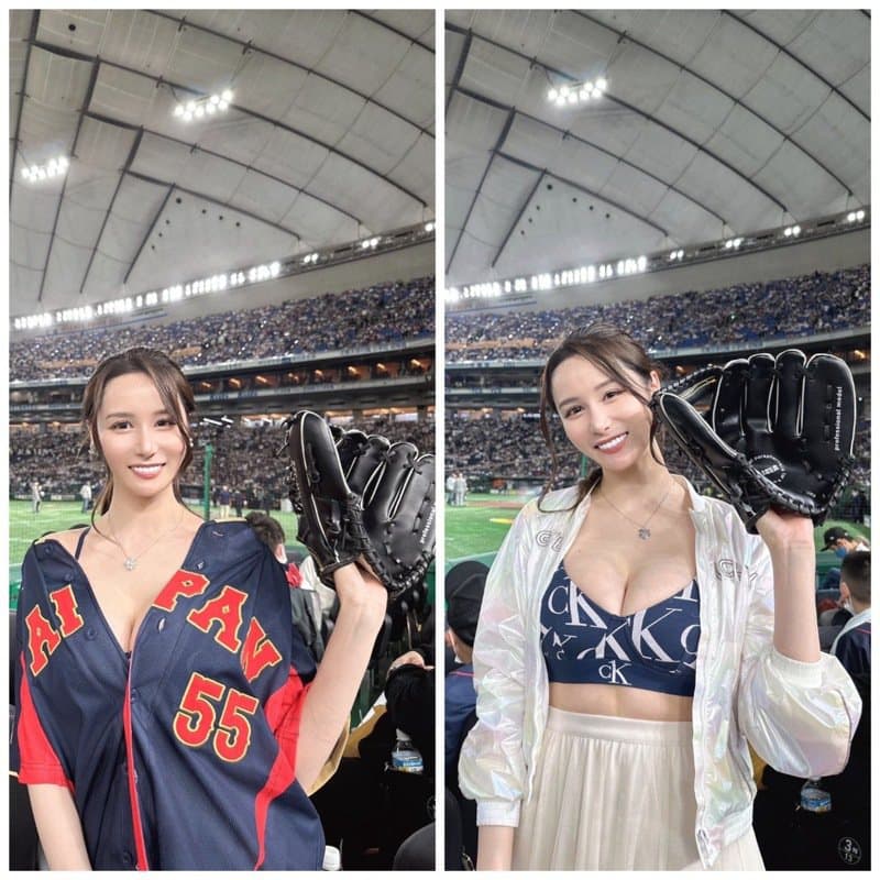 日性感女优应援经典赛！抬手惊见「无罩」好身材 球迷露事业线吸睛